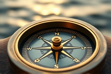 Vintage compass pointing to a calm horizon over gentle waves.
