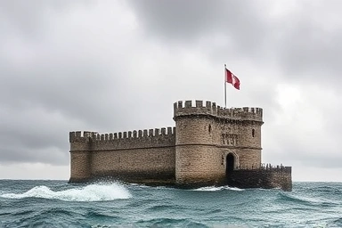 Fortress protecting against stormy seas, symbolizing economic moat against inflation.