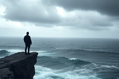 Figure on cliff facing stormy economic sea, symbolizing 'R of Fear'.