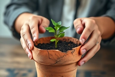 Caretaker nurturing a plant in a dry pot, representing economic resilience.