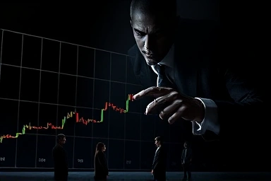 Shadowy figure manipulating stock market graph, vulnerable investors