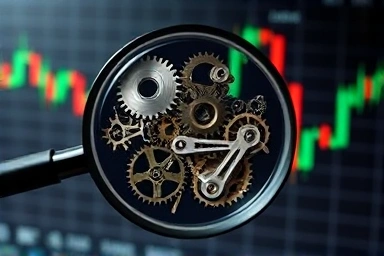 Magnifying glass revealing stock market chart gears and levers