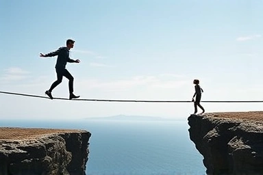 Metaphor for financial risk: precarious tightrope of speculation versus stable bridge of investment.
