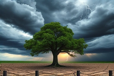 Resilient oak tree against stormy economic backdrop