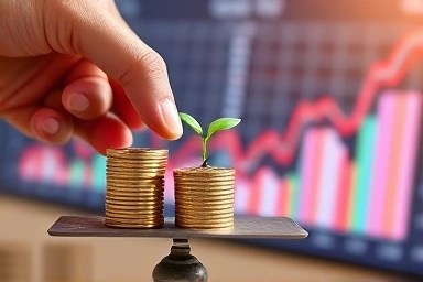 Balancing gold coins and a plant on a scale