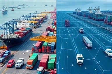 Chaotic port vs. efficient smart logistics system.