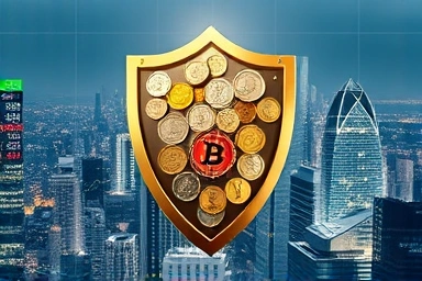 Financial market shield protecting city from speculative waves.