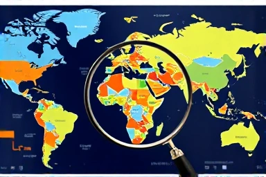 Magnifying glass on global economic map, highlighting sector analysis.
