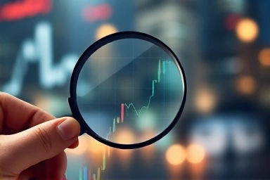 Magnifying glass over financial chart, global finance bokeh