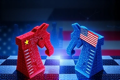 Global semiconductor rivalry, US vs China, abstract chessboard.