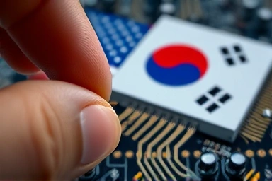 Hand placing microchip on circuit board, symbolic flags background