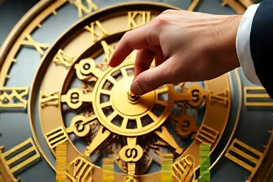 Central bank hand adjusting global financial market mechanism.