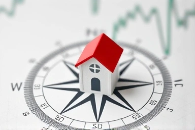 Compass with house icon symbolizing economic trend guidance and foresight.