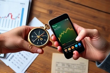 Hands holding compass and smartphone for investing