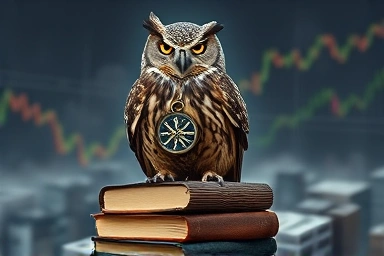 Wise owl with compass symbolizing steadfast investment strategy.