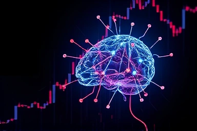 AI neural network intertwined with crumbling stock ticker tape, symbolizing economic bubble risk.
