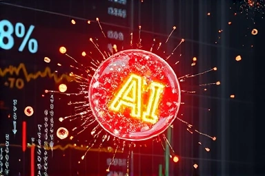 AI bubble burst with tech fragments and stock market background