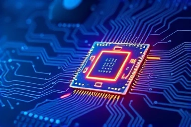 Futuristic AI chip with glowing neural network connections.