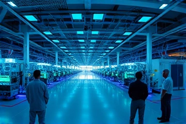 High-tech semiconductor fabrication plant at night, symbolizing advanced manufacturing.