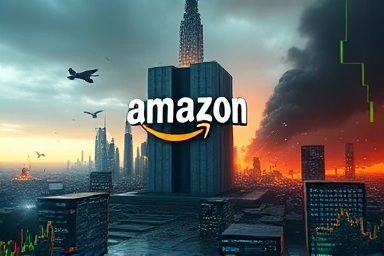 Amazon logo enduring dot-com bubble amidst digital collapse and AI dawn.