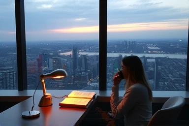Serene pre-dawn cityscape, productive morning routine, focused individual