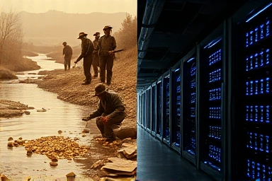 Gold rush prospectors and modern Bitcoin mining servers side-by-side.