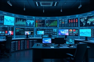 Modern financial control room, data streams, risk indicators.