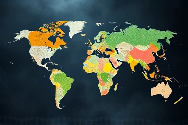 Global currency war, economic conflict, national prosperity and decline symbols.