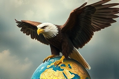 Eagle symbolizing dollar on weathered globe, epic style.