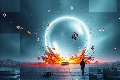 Symbolic image of a bursting economic bubble with tech fragments.