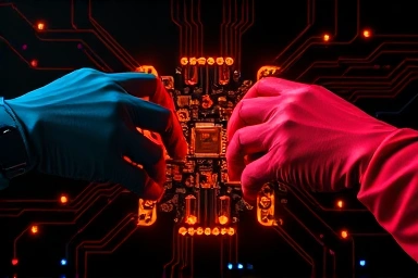 Hands in blue and red gloves reaching for circuit board