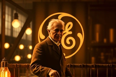 Thomas Edison in laboratory, early light bulbs, GE logo silhouette, industrial revolution