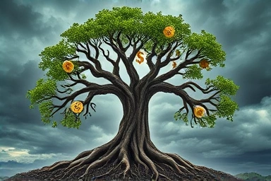 Resilient tree with gold, dollar, and natural assets weathering a storm.