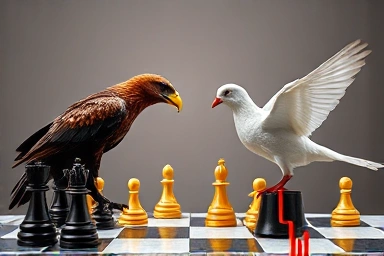Hawk and dove symbolizing economic policy, financial tension