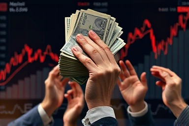 Hand holding cash amidst falling financial assets