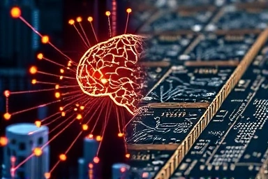AI network and advanced semiconductor wafers, symbolizing innovation.