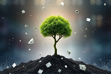 Seedling growing into a tree amidst digital debris