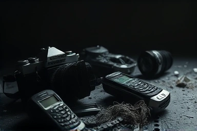 Shattered old cameras and mobile phones symbolize fallen tech giants.