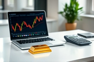 Modern desk with gold bar and financial chart