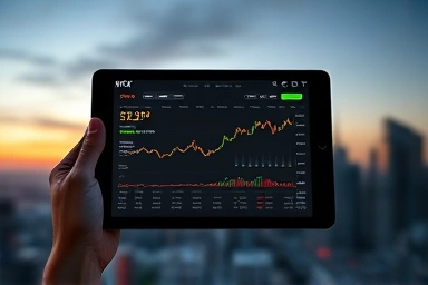 Tablet showing gold trading interface with city skyline