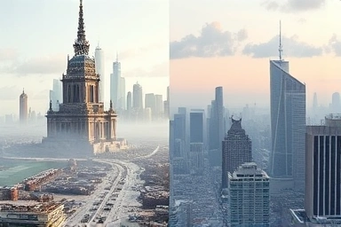 Tangible AI city versus ephemeral metaverse remnants.