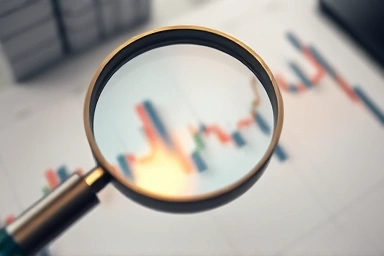 Magnifying glass over economic chart, revealing financial insights.