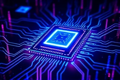 Futuristic quantum computer chip with AI and financial data.