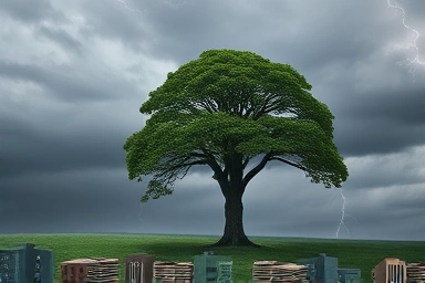 Resilient oak tree in a storm, symbolizing economic stability.