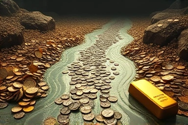 Flowing river of debt transforming into gold, representing economic cycles.