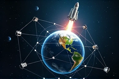 Futuristic space network with rocket, symbolizing SpaceX's impact on space industry.