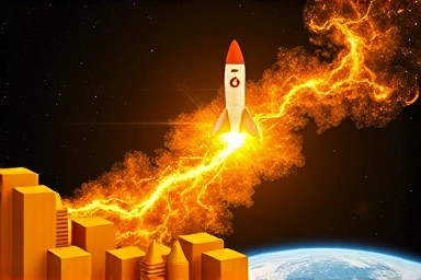 Symbolic economic growth in space, driven by rocket technology.