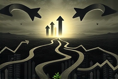 Symbolic economic landscape of stagflation with hidden opportunity.