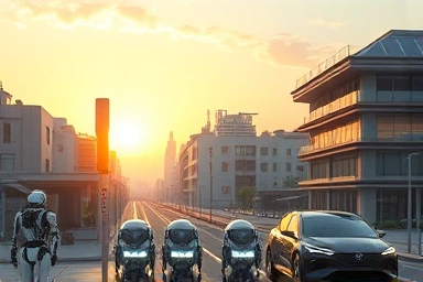Futuristic cityscape with robots, EVs, and renewable energy.