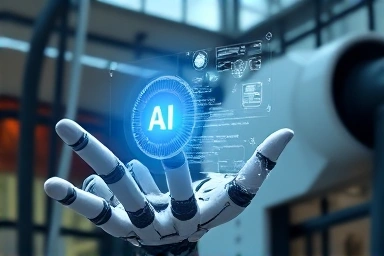 Humanoid robot interacting with holographic AI and energy data.